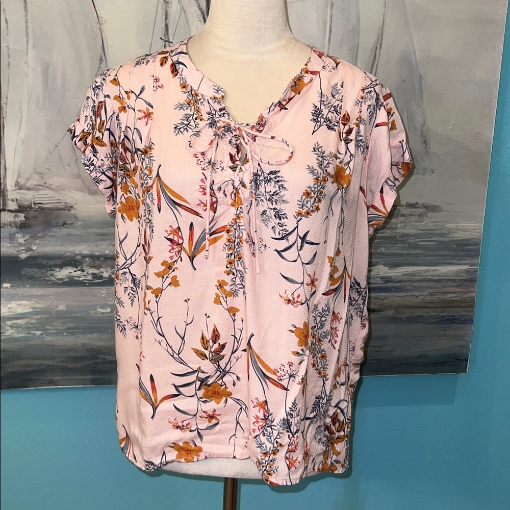 Jessica Simpson Pink Floral Lace Front Blouse, Large